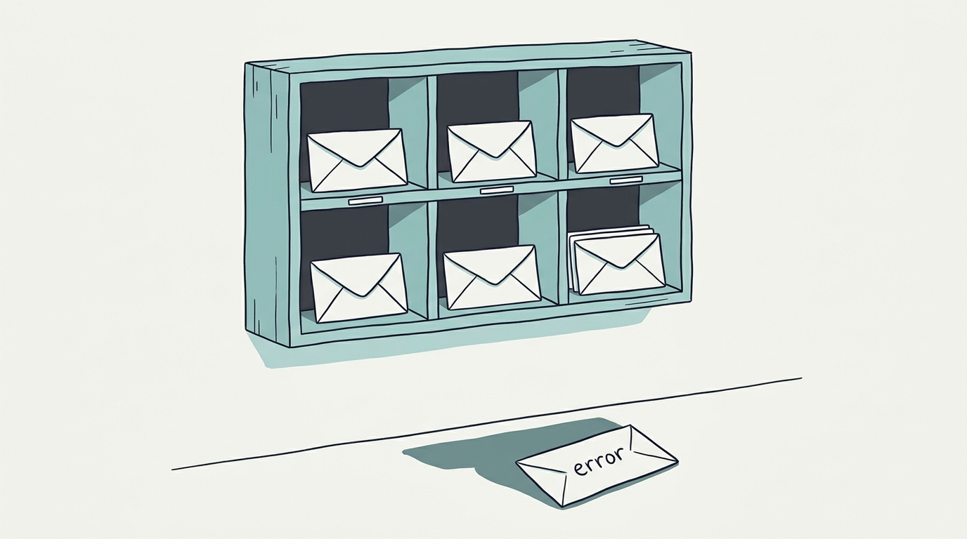 A sorting rack with every pigeonhole holding an envelope, and one envelope labeled "error" fallen on the floor