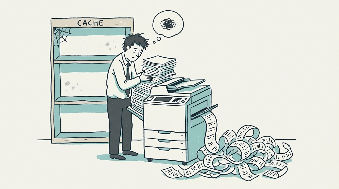 A worker feeds a tall stack of paper into a photocopier as a long receipt spills onto the floor, beside an empty dusty shelf labeled "CACHE"