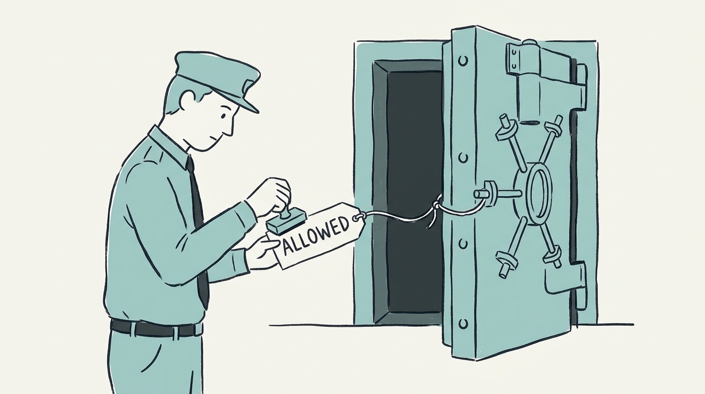 A checkpoint guard stamps "ALLOWED" on a paper tag tied by a string to a heavy vault door standing wide open behind him, which he isn't looking at