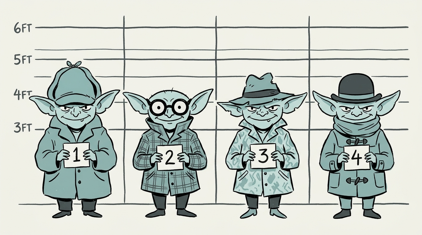 A police lineup of four figures who are obviously the same gremlin in four different disguises, each holding a numbered card 1 through 4