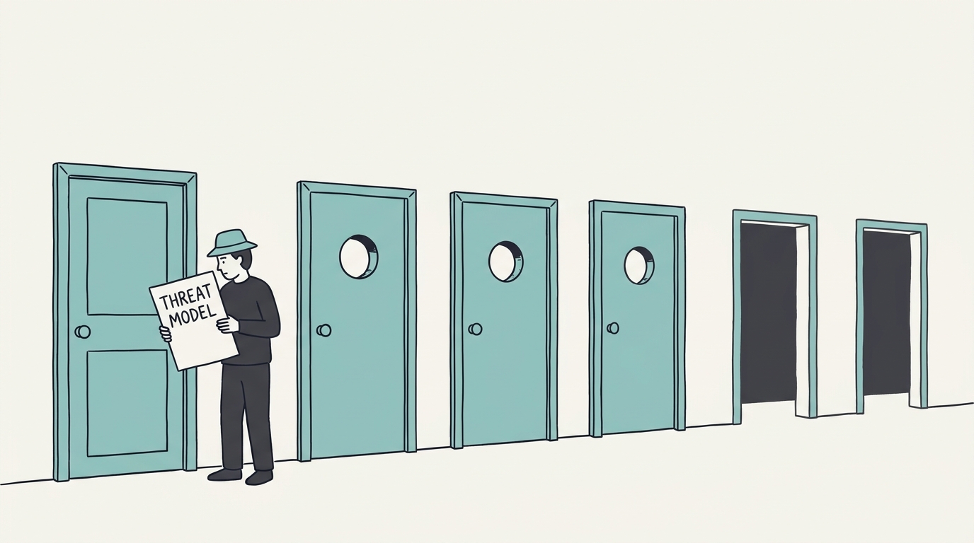 A guard holds a sheet labeled "THREAT MODEL" at one closed door while three more doors in the same wall have holes bored through them and two further doorways stand wide open